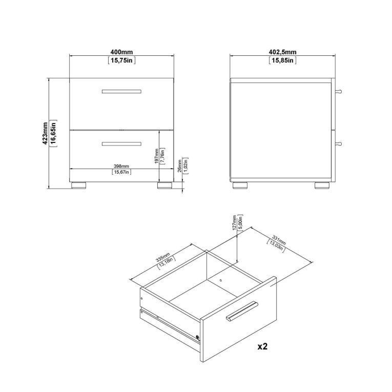 Comodino Nero Effetto Legno 2 Cassetti un Ripiano 40x40x42h cm, Apertura Scorrevole - Apolla