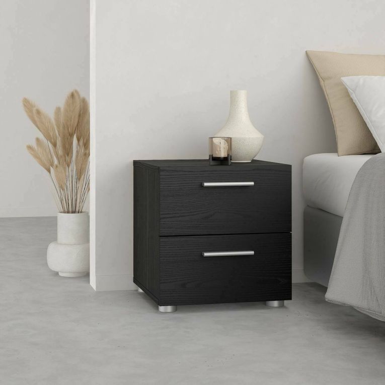 Comodino Nero Effetto Legno 2 Cassetti un Ripiano 40x40x42h cm, Apertura Scorrevole - Apolla