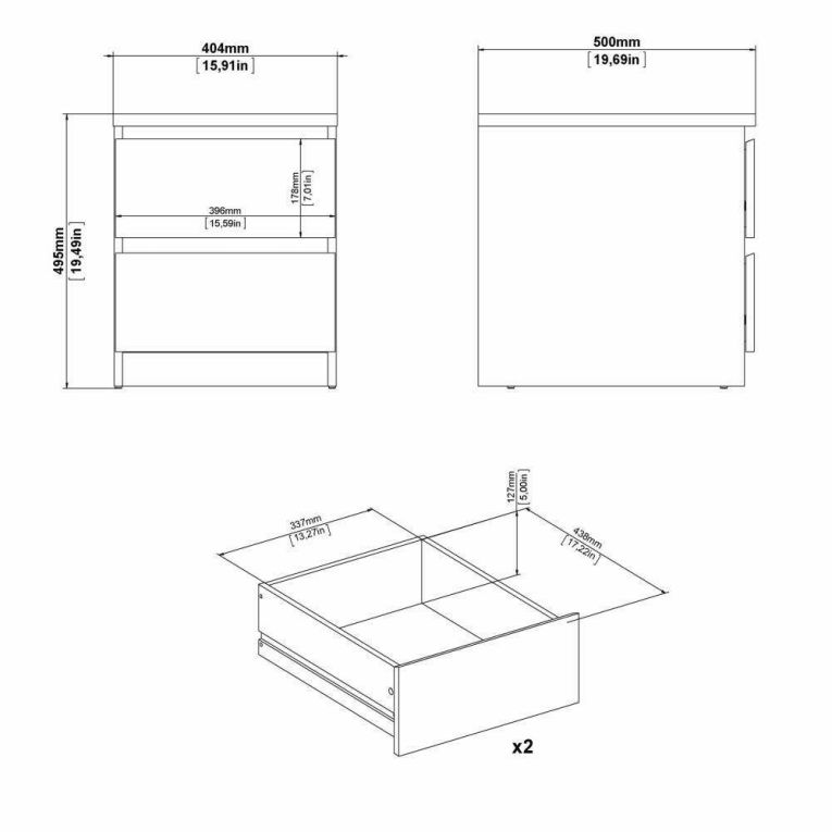 Comodino Nero Effetto Legno 2 Cassetti un Ripiano 50x40x50h cm, Apertura Scorrevole - Azar