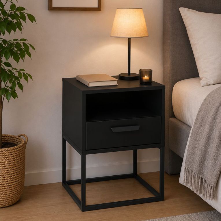 Comodino Nero un Cassetto un Ripiano 40x39x65h cm, Apertura Scorrevole - Lehadasa