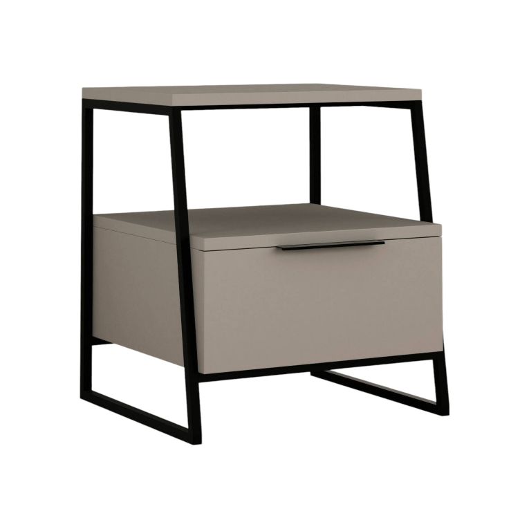 Comodino Nestor, Comò basso, Tavolino da notte, Mensola da letto, 45x41 h50 cm, Beige e Nero