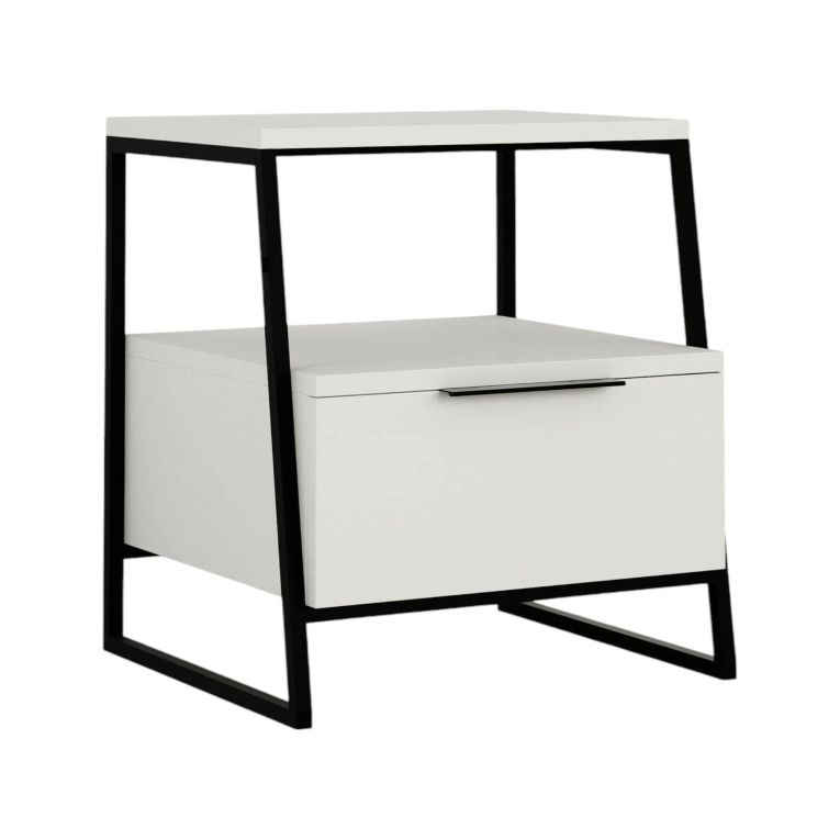 Comodino Nestor, Comò basso, Tavolino da notte, Mensola da letto, 45x41 h50 cm, Bianco e Nero