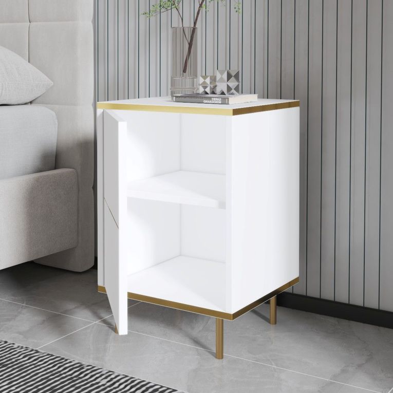 Comodino Oro Bianco un Ripiano Apertura Battente 40x35x60h cm, Un'anta - Vestone
