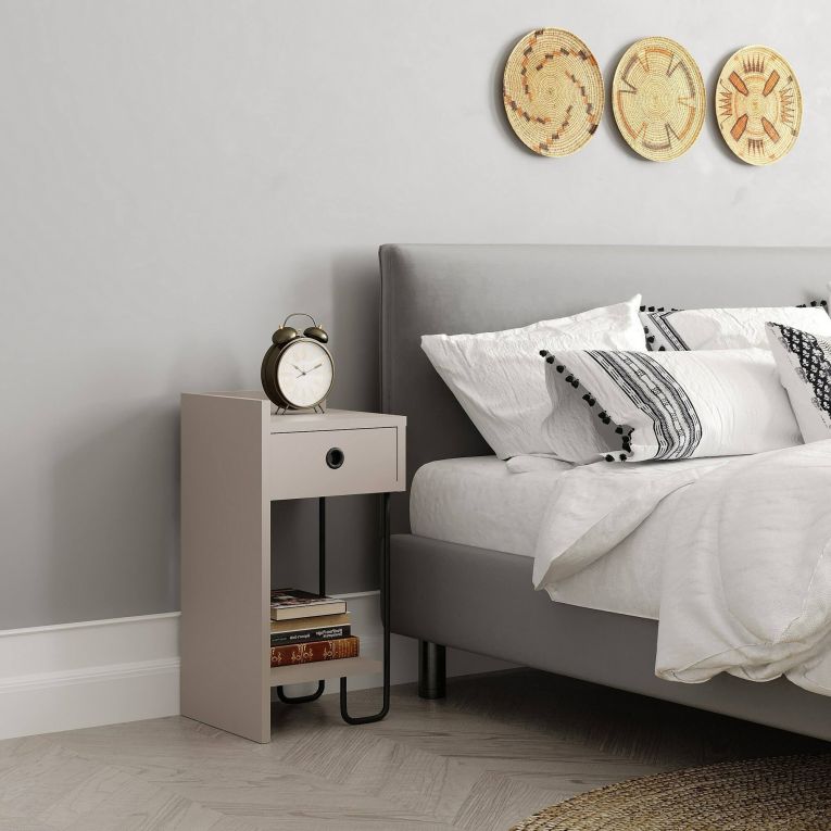 Comodino Quilla, Comò basso, Tavolino da notte, Mensola da letto, 32x30 h61 cm, Beige