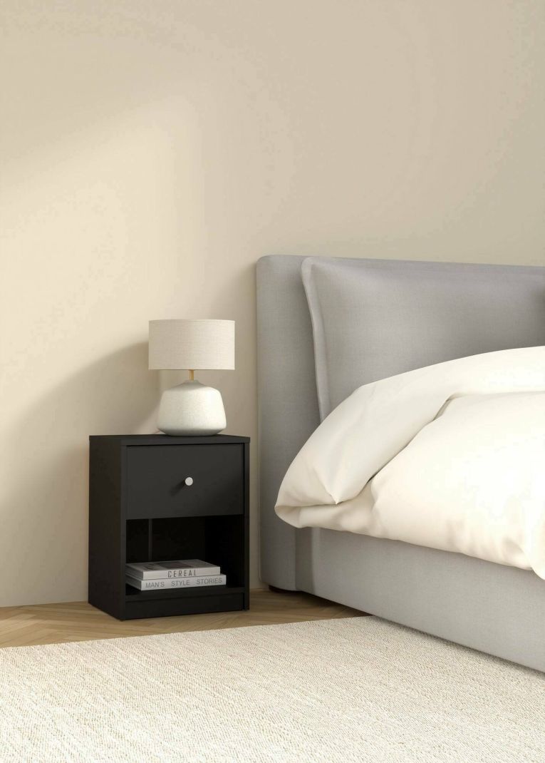 Comodino Roxanne, Comò basso, Tavolino da notte, Mensola da letto, 38x30 h48 cm, Nero