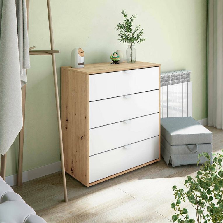 Comodino Seabeck, Comò basso, Tavolino da notte, Mensola da letto, 78x40 h86 cm, Bianco e Rovere Nodi