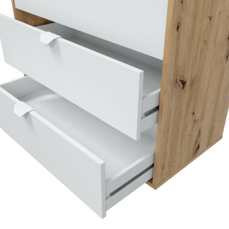 Comodino Seabeck, Comò basso, Tavolino da notte, Mensola da letto, 78x40 h86 cm, Bianco e Rovere Nodi