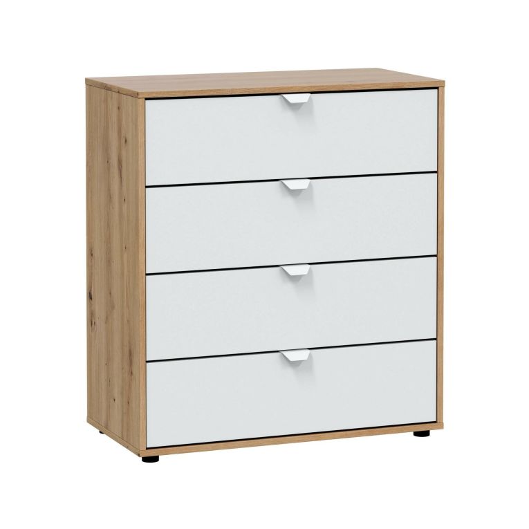 Comodino Seabeck, Comò basso, Tavolino da notte, Mensola da letto, 78x40 h86 cm, Bianco e Rovere Nodi