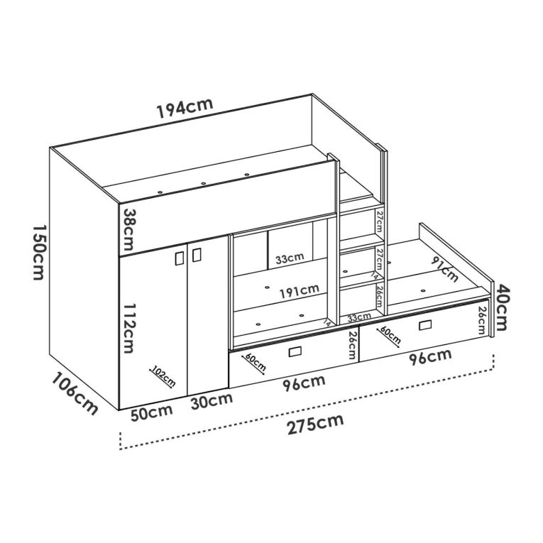 Composizione camera da letto Acerola, 275x108h150 cm, Bianco e Rovere
