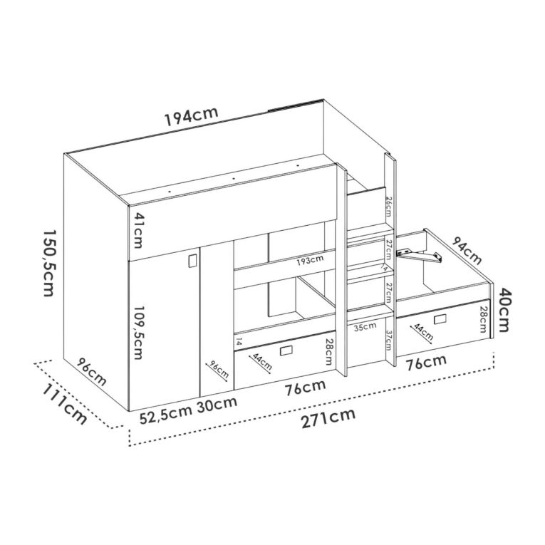 Composizione camera da letto Araba, 271x111h150 cm, Bianco e Blu