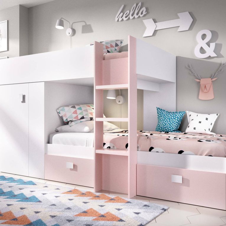 Composizione camera da letto Araba, 271x111h150 cm, Bianco e Rosa