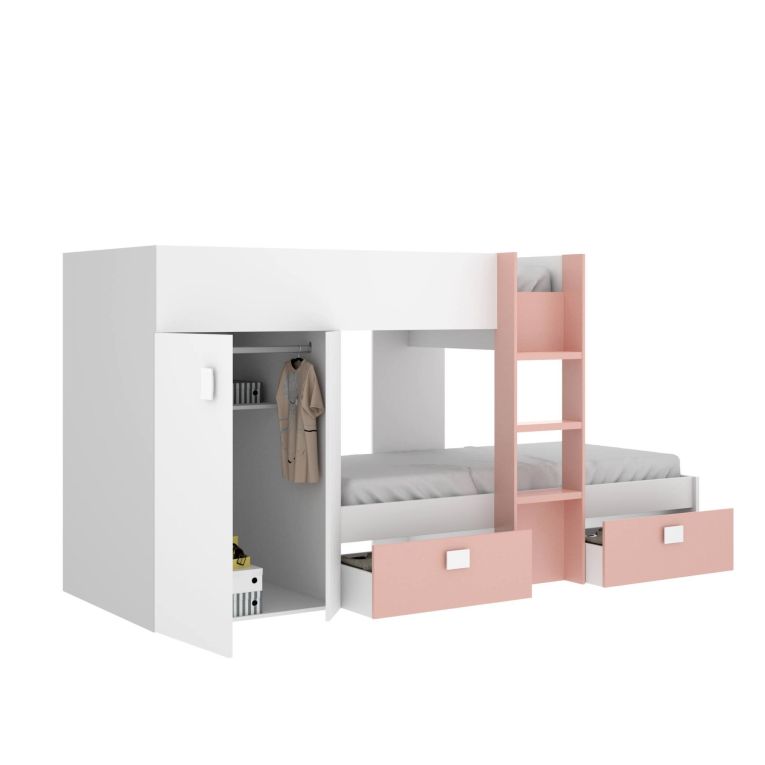 Composizione camera da letto Araba, 271x111h150 cm, Bianco e Rosa