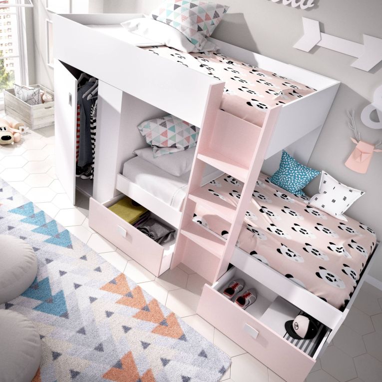 Composizione camera da letto Araba, 271x111h150 cm, Bianco e Rosa