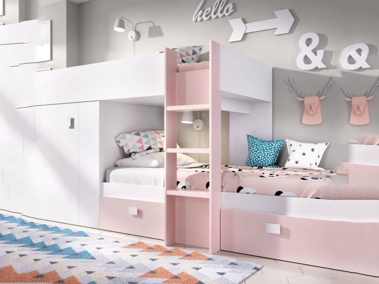 Composizione camera da letto Araba, 271x111h150 cm, Bianco e Rosa