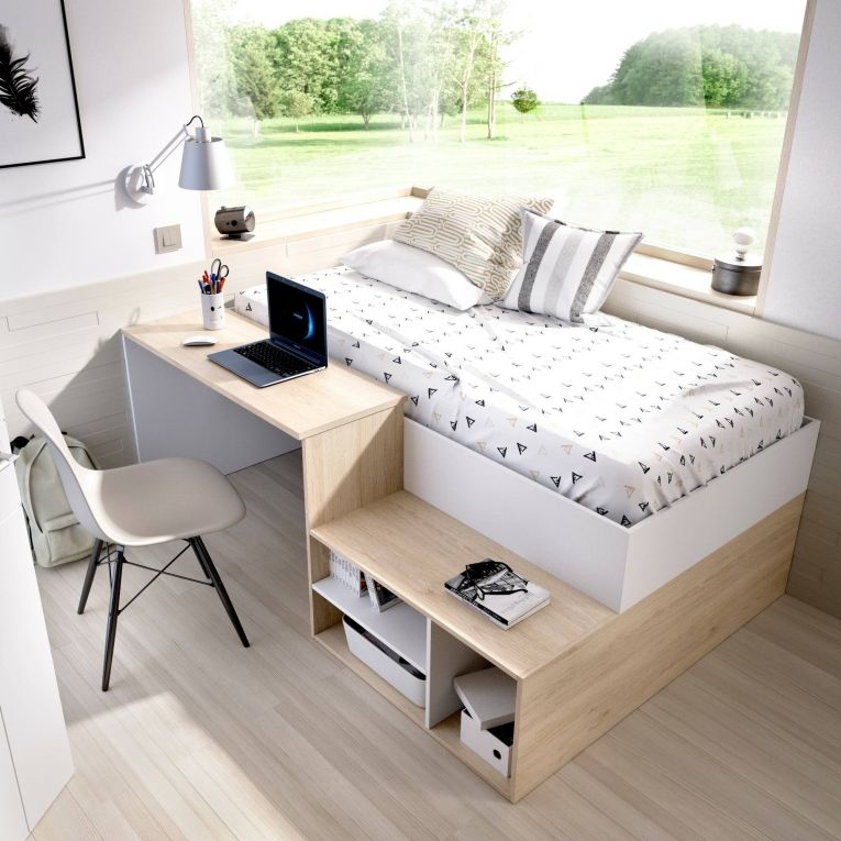 Composizione camera da letto Argh, 195x134h73 cm, Bianco e Rovere