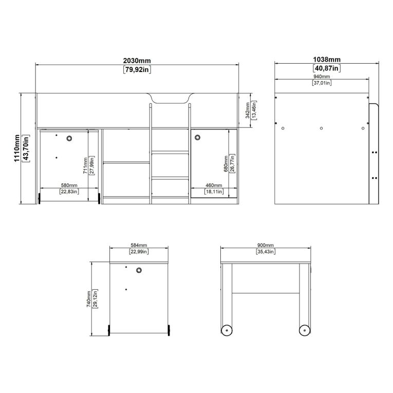 Composizione Camera da Letto Bianco Dimensione Materasso 90x200 cm Scrivania Estraibile 203x104x111h cm, un Letto - Lamedani
