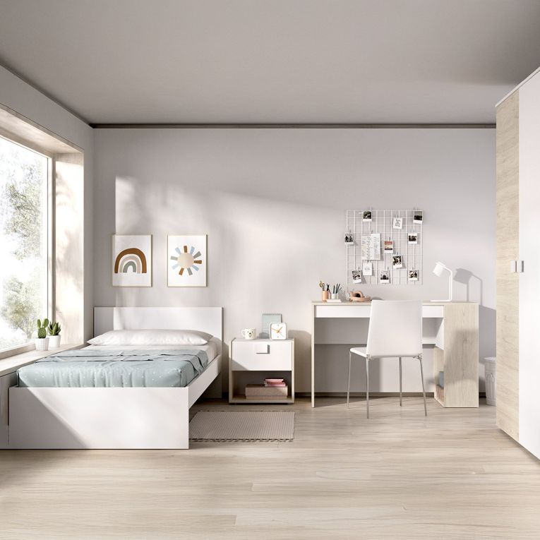 Composizione Camera da Letto Bianco Marrone Rovere 2 Cassetti Reversibile 195x96x68h cm, Dimensione Materasso 90x190 cm - Winnemu
