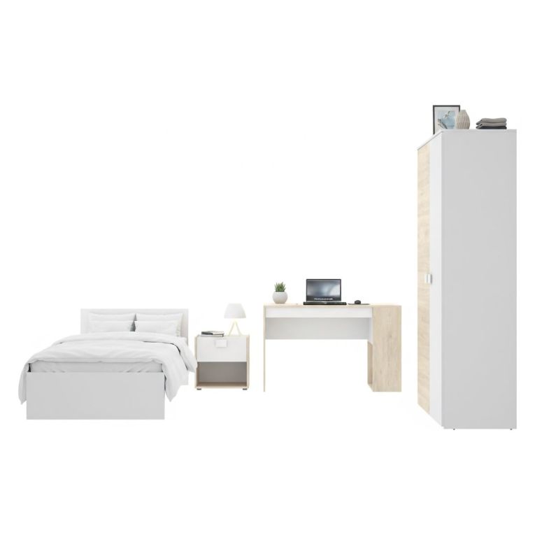 Composizione Camera da Letto Bianco Marrone Rovere 2 Cassetti Reversibile 195x96x68h cm, Dimensione Materasso 90x190 cm - Winnemu