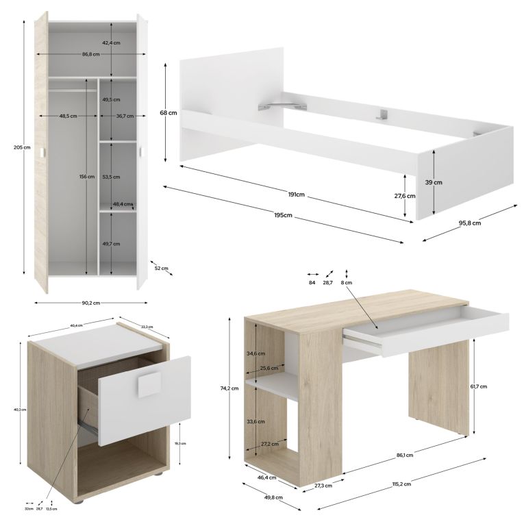 Composizione Camera da Letto Bianco Marrone Rovere 2 Cassetti Reversibile 195x96x68h cm, Dimensione Materasso 90x190 cm - Winnemu
