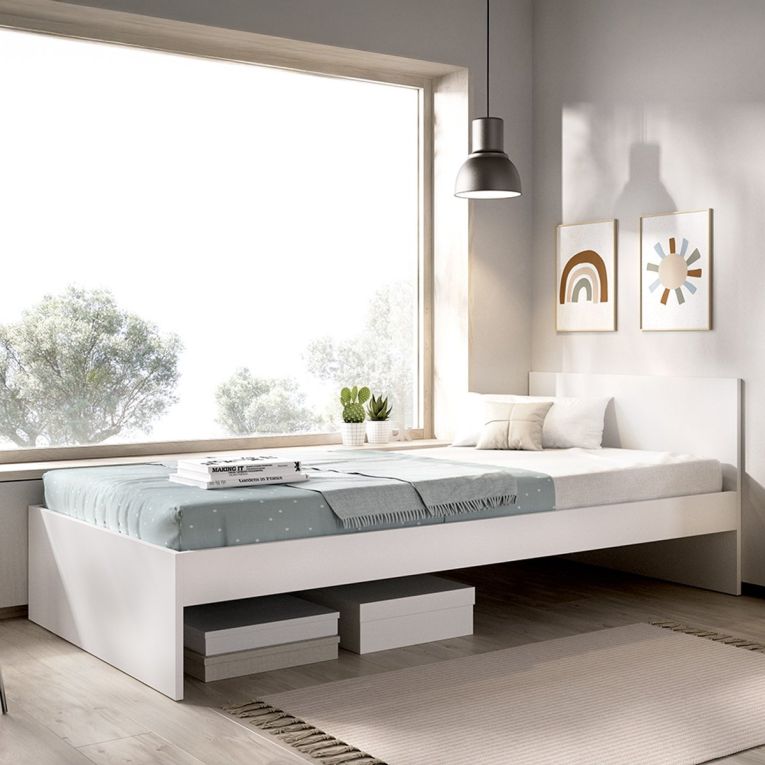 Composizione Camera da Letto Bianco Marrone Rovere 2 Cassetti Reversibile 195x96x68h cm, Dimensione Materasso 90x190 cm - Winnemu