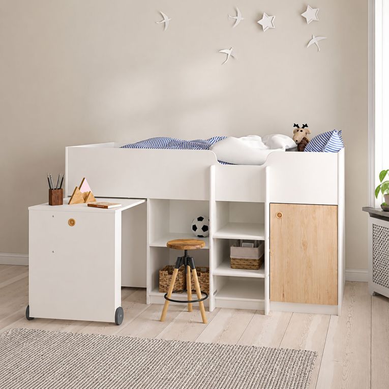 Composizione Camera da Letto Bianco Marrone Rovere Dimensione Materasso 90x200 cm Scrivania Estraibile 203x104x111h cm, un Letto - Lamedani