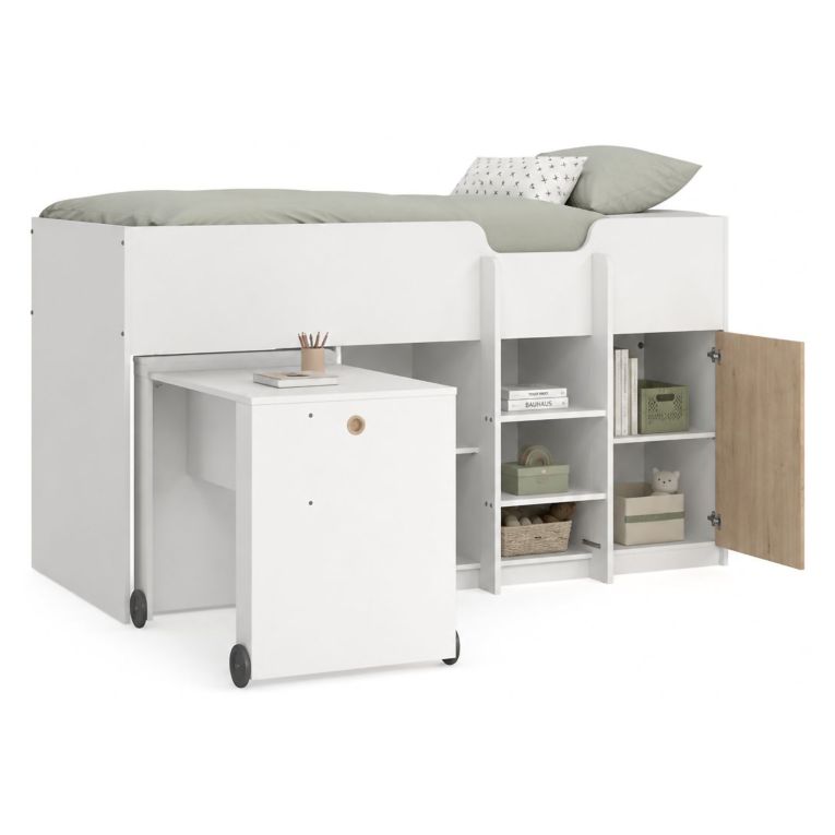Composizione Camera da Letto Bianco Marrone Rovere Dimensione Materasso 90x200 cm Scrivania Estraibile 203x104x111h cm, un Letto - Lamedani