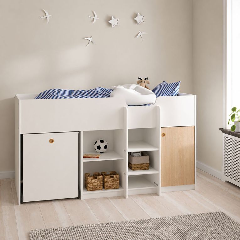 Composizione Camera da Letto Bianco Marrone Rovere Dimensione Materasso 90x200 cm Scrivania Estraibile 203x104x111h cm, un Letto - Lamedani