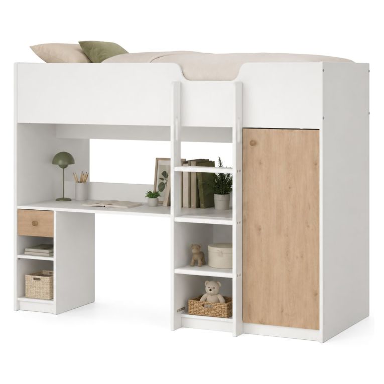 Composizione Camera da Letto Bianco Marrone Rovere un Cassetto Dimensione Materasso 90x200 cm 203x104x150h cm, Compatto Multiuso - Laliso