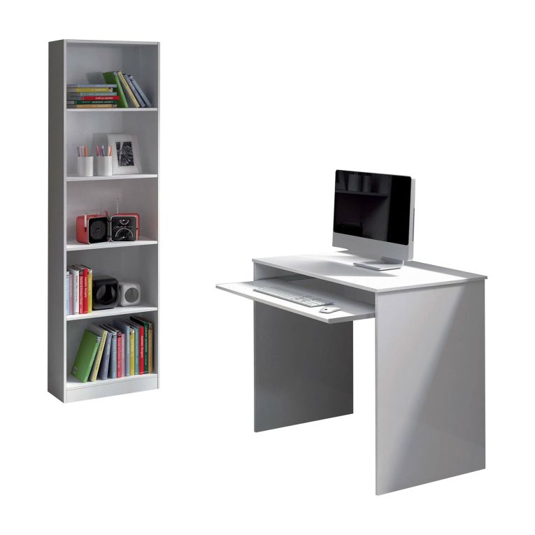 Composizione Camera da Letto Bianco Reversibile per Cameretta 90x54x79h cm, Misure Elementi Scrivania: 90x54h79, Libreria: 52x25h180 cm - Gaggi