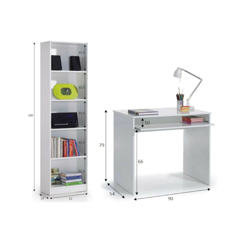 Composizione Camera da Letto Bianco Reversibile per Cameretta 90x54x79h cm, Misure Elementi Scrivania: 90x54h79, Libreria: 52x25h180 cm - Gaggi