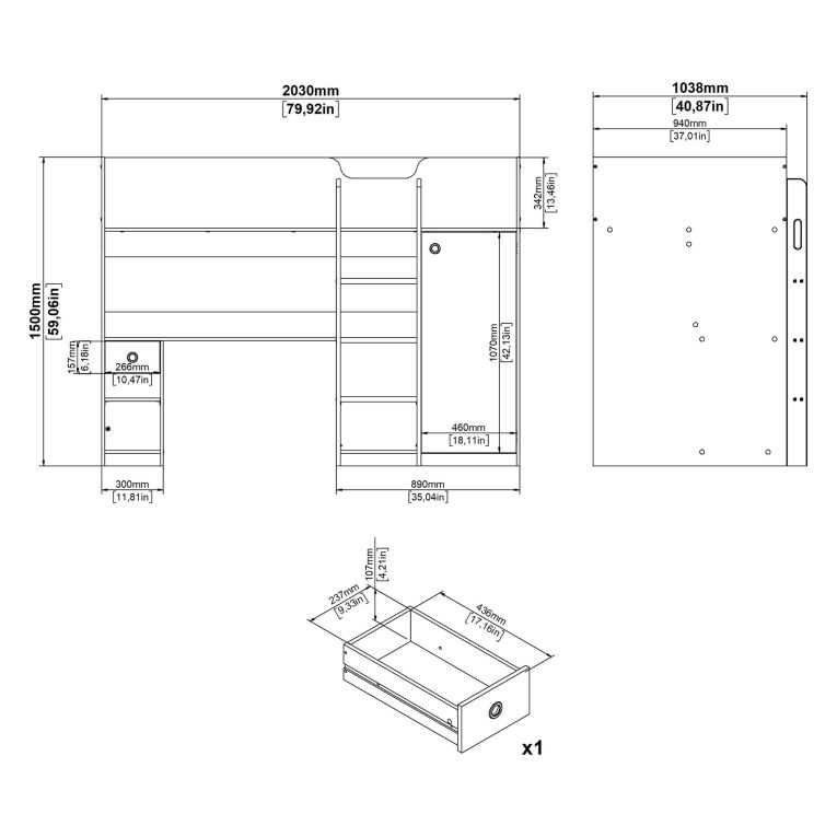 Composizione Camera da Letto Bianco un Cassetto Dimensione Materasso 90x200 cm 203x104x150h cm, Compatto Multiuso - Laliso