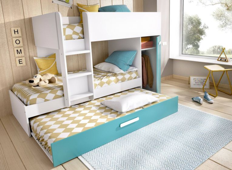 Composizione camera da letto Eiger, Stanza da letto completa, Cameretta per bambini, Set per arredo a ponte, 244x112 h150 cm, Azzurro e Bianco