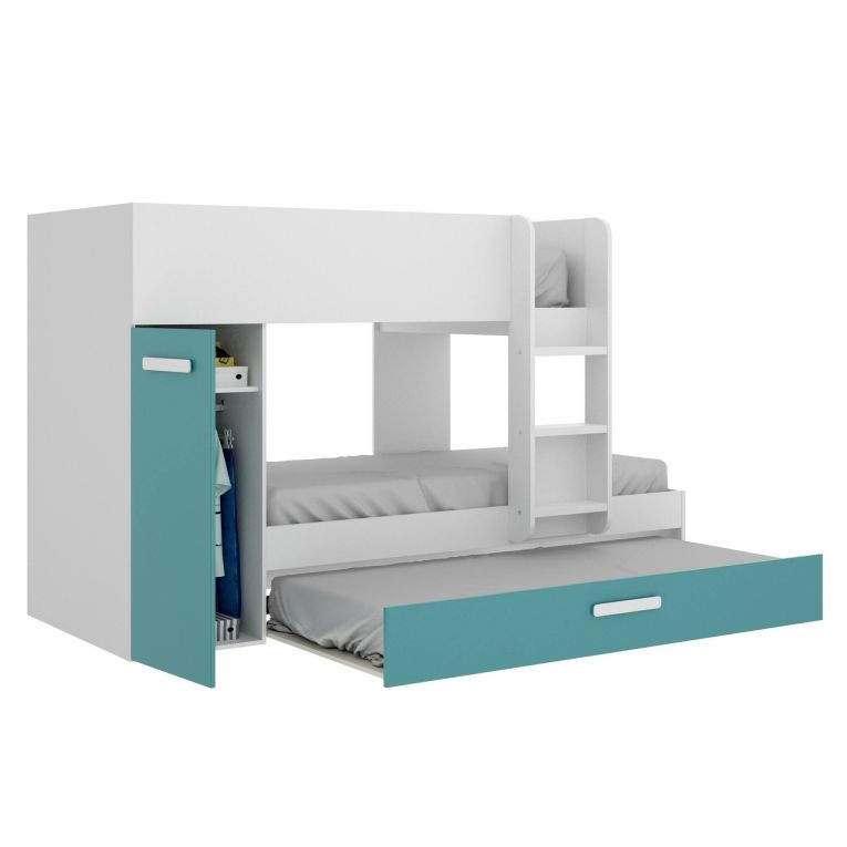 Composizione camera da letto Eiger, Stanza da letto completa, Cameretta per bambini, Set per arredo a ponte, 244x112 h150 cm, Azzurro e Bianco