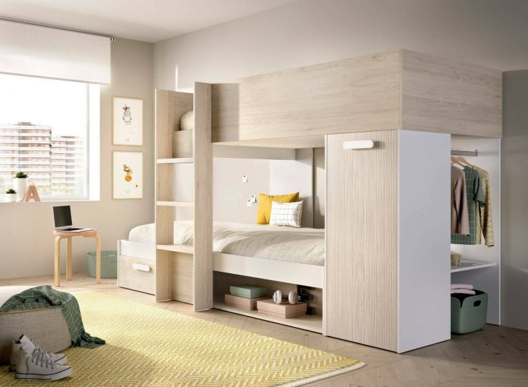 Composizione camera da letto Focalone, Stanza da letto completa, Cameretta per bambini, Set per arredo a ponte, 246x112 h150 cm, Bianco e Rovere