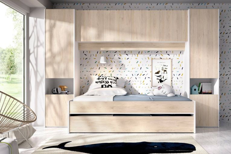 Composizione camera da letto Giustizia, 303x97h203 cm, Rovere e Bianco