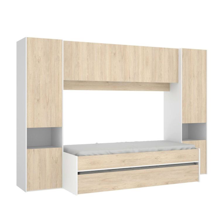 Composizione camera da letto Giustizia, 303x97h203 cm, Rovere e Bianco