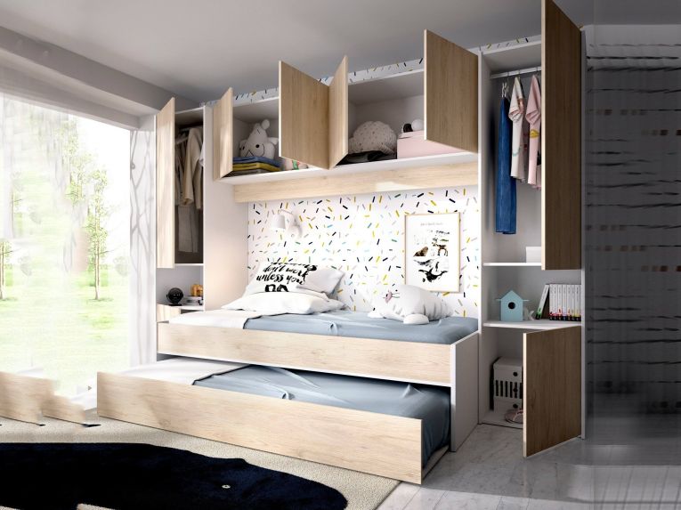 Composizione camera da letto Giustizia, 303x97h203 cm, Rovere e Bianco