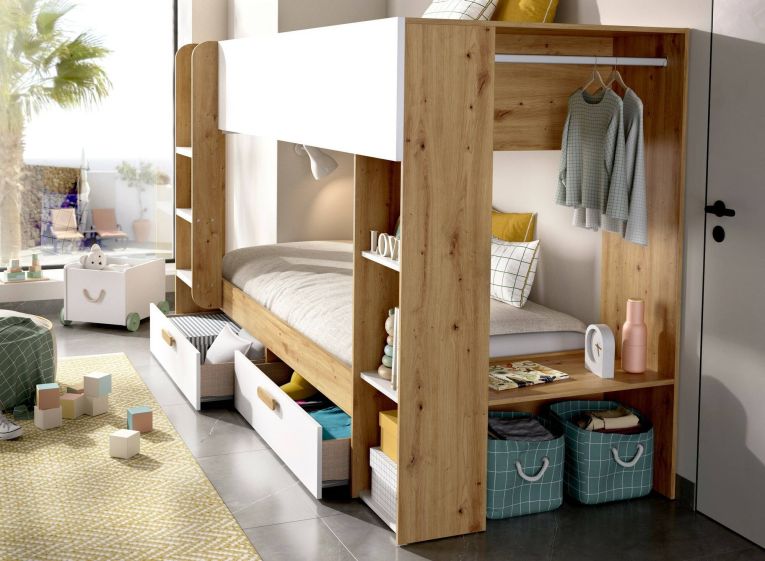 Composizione camera da letto Keli, 245x110 h150 cm, Bianco e Rovere Nodi