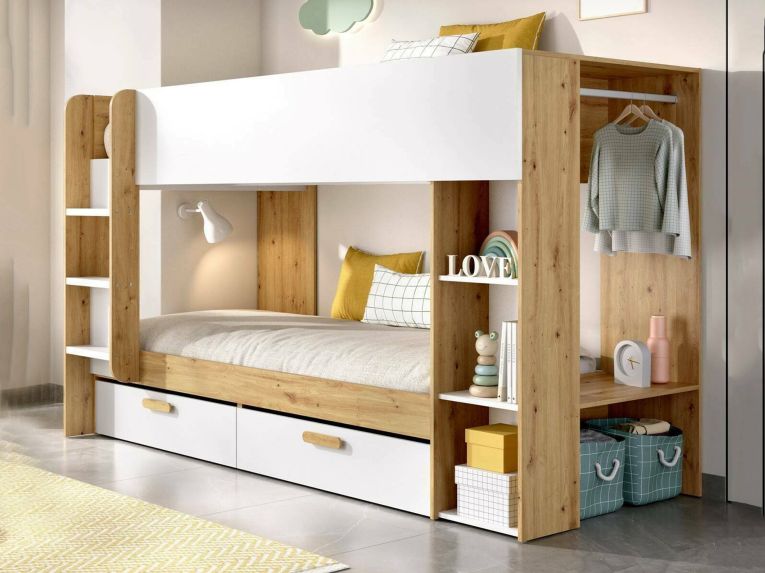 Composizione camera da letto Keli, 245x110 h150 cm, Bianco e Rovere Nodi