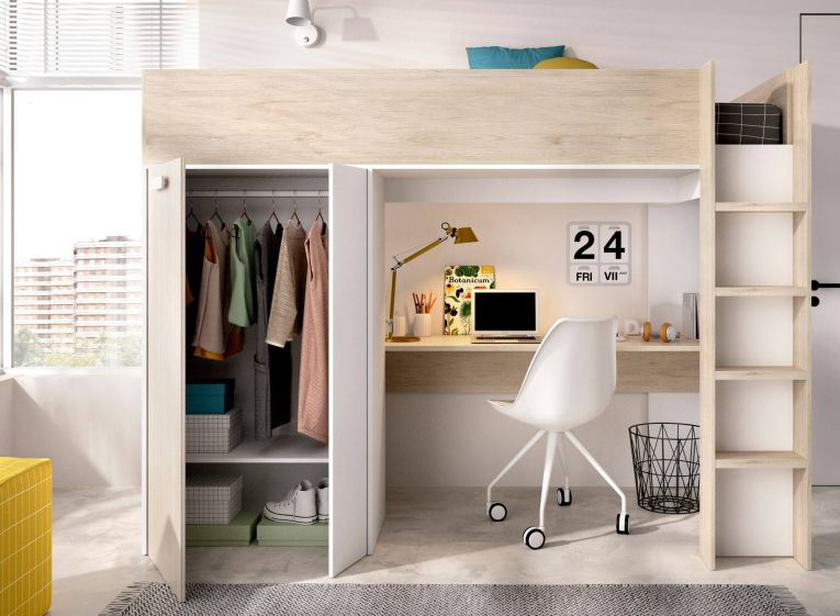 Composizione camera da letto Maha, 206x111 h178 cm, Bianco e Rovere