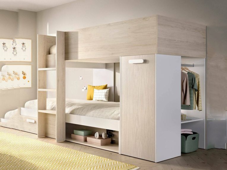 Composizione camera da letto Pinus, 246x112 h150 cm, Bianco e Rovere