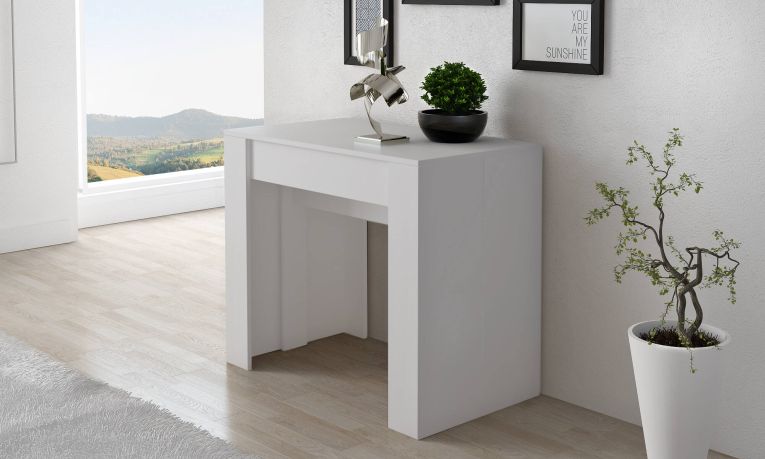 Consolle allungabile Mairano, trasformabile in tavolo da pranzo, salvaspazio ed estensibile fino a 237 cm, 90-237x76,6x90 cm, Bianco