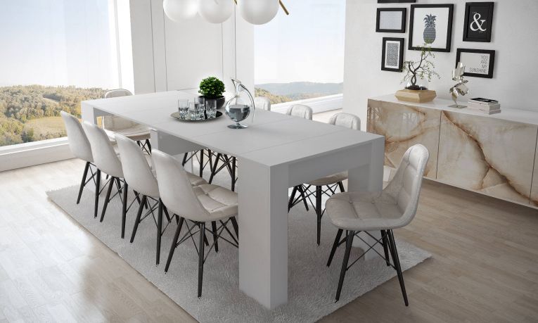 Consolle allungabile Mairano, trasformabile in tavolo da pranzo, salvaspazio ed estensibile fino a 237 cm, 90-237x76,6x90 cm, Bianco