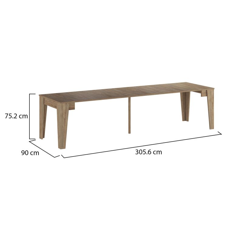 Consolle Allungabile Marrone Rovere Allungabile 12 Posti 305.6x90x75.2h cm, Meccanismo Estensione Allunghe Centrali - Gizio