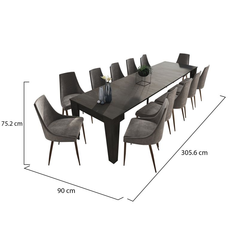 Consolle Allungabile Nero Antracite Allungabile 12 Posti 305.6x90x75.2h cm, Meccanismo Estensione Allunghe Centrali - Gizio