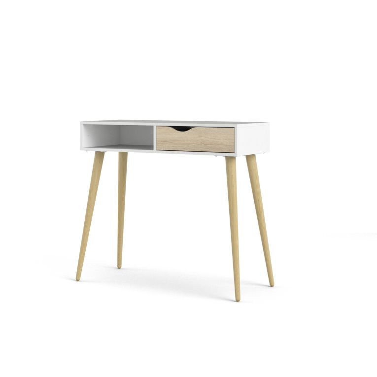 Consolle Annabelle, Tavolo multiuso, Mobiletto d'appoggio, Scrivania da corridoio, 103x44 h90 cm, Bianco e Quercia