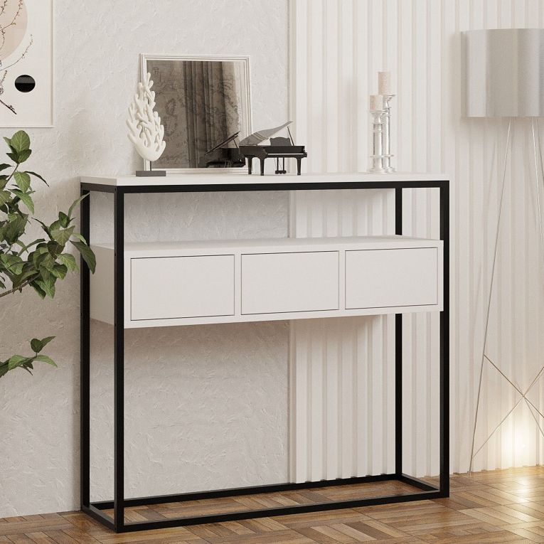 Consolle Bianco Nero un Ripiano un Vano 100x29x90h cm, Colore Struttura Nero - Pianfei