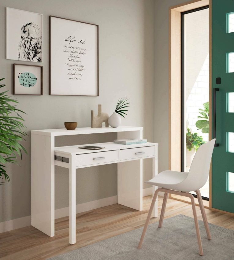 Consolle Billings, Scrivania con piano estensibile, Scrittoio porta PC con 2 cassetti, 99x36h88 cm, Bianco