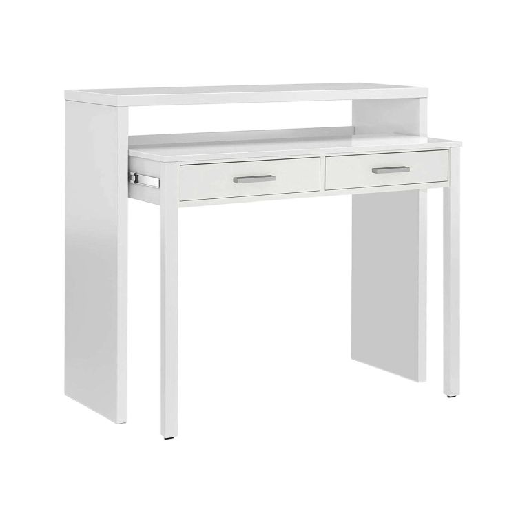 Consolle Billings, Scrivania con piano estensibile, Scrittoio porta PC con 2 cassetti, 99x36h88 cm, Bianco
