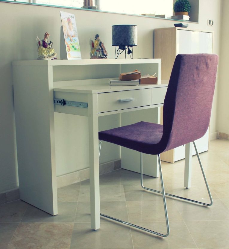 Consolle Billings, Scrivania con piano estensibile, Scrittoio porta PC con 2 cassetti, 99x36h88 cm, Bianco